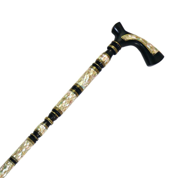 A crutch with a hand made of ebony wood completely inlaid with natural seashells