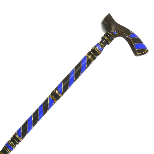 A luxurious crutch made of black ebony inlaid with indigo blue gemstones similar to lapis lazuli