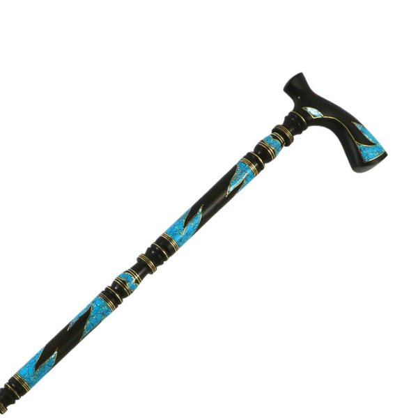 A luxurious crutch made of black ebony inlaid with turquoise stones and golden copper chains