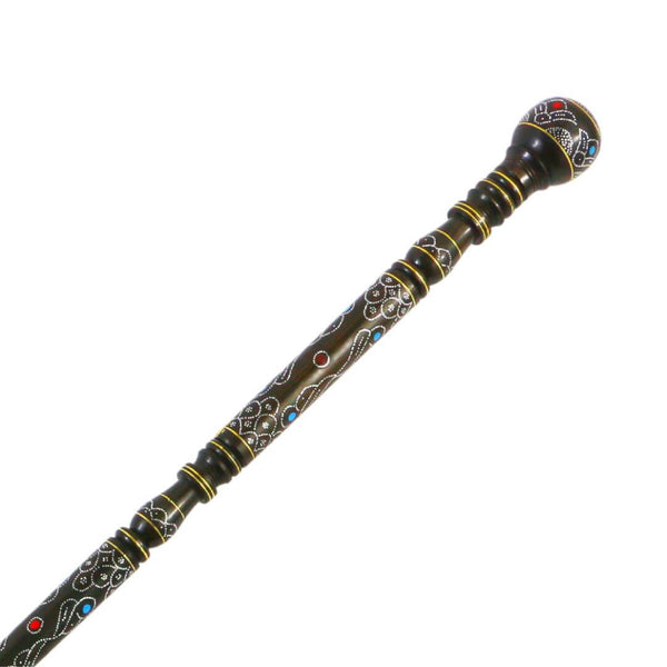 A luxurious crutch with a spherical handle made of ebony wood decorated with white and yellow brass