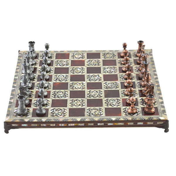 Luxurious chess inlaid with mother-of-pearl and painted metal playing pieces