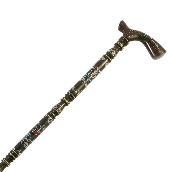 A luxurious crutch made of ebony wood, engraved and inlaid with white and yellow copper