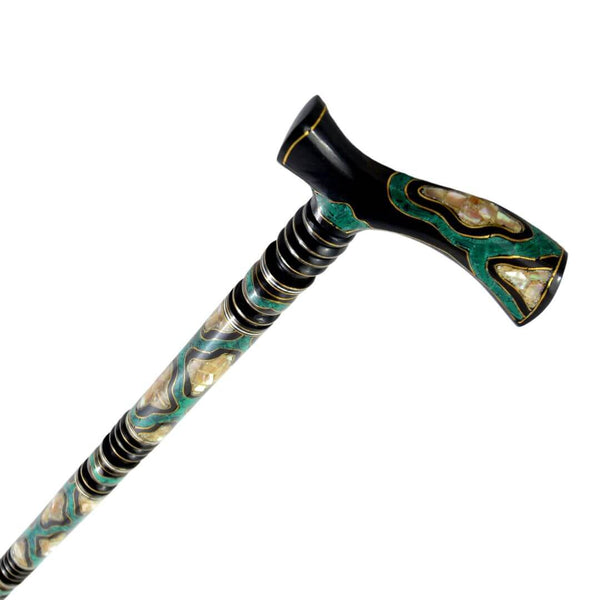 A royal crutch made of walnut wood, inlaid with mother-of-pearl, green malachite stone, and copper