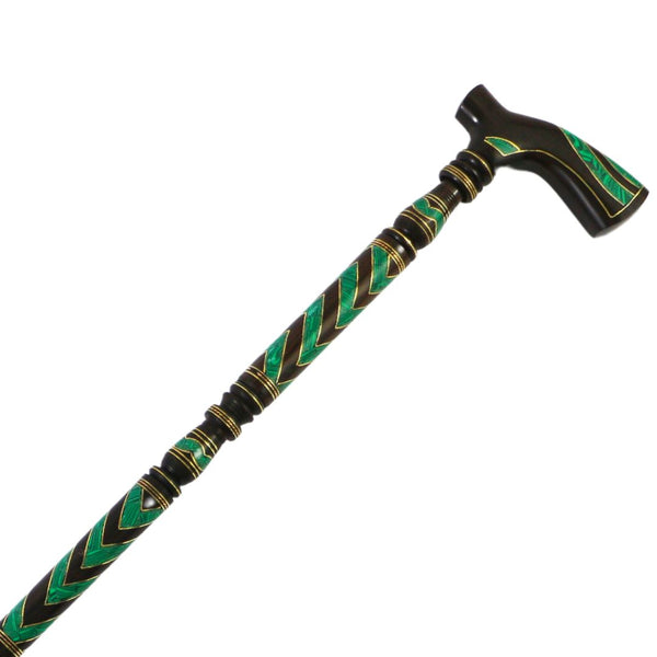 A luxurious crutch made of black ebony inlaid with bright green malachite stones and copper chains