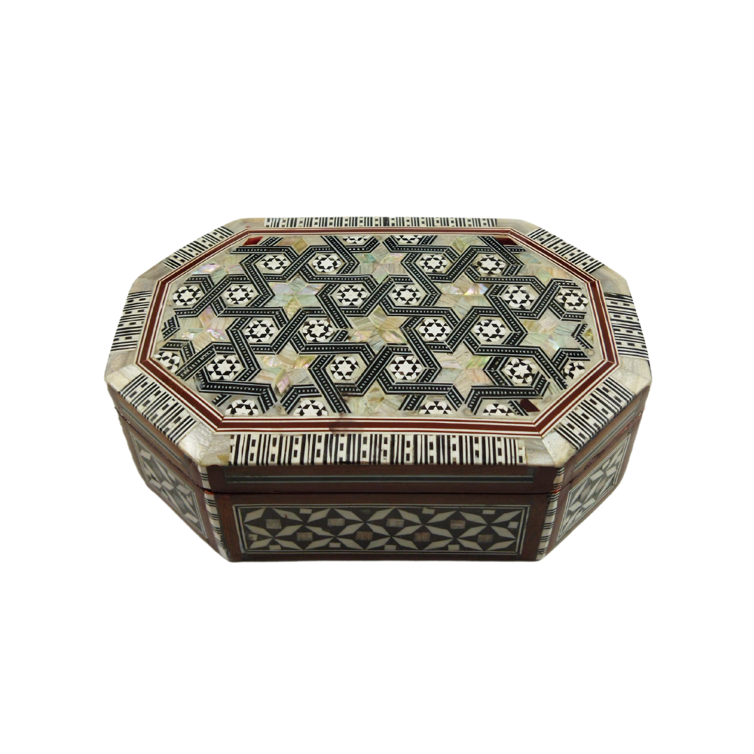 Wooden box inlaid with natural shells in several colors – hexagonal shape padded inside with red velvet Islamic motifs with elaborate details elegant heritage